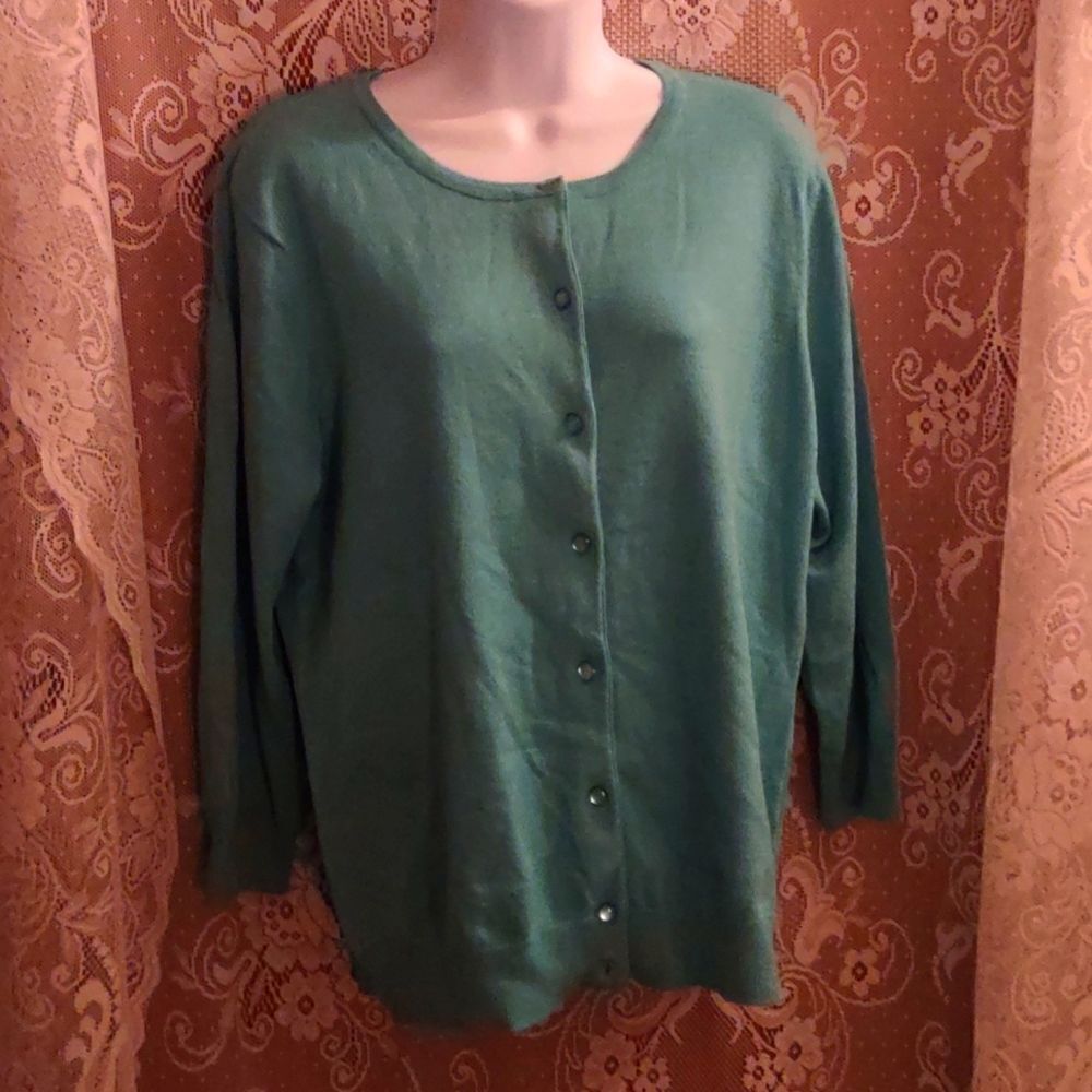 New GNW turquoise blue green Cardigan Sweater‎ Women's Size L 3/4 Sleeve